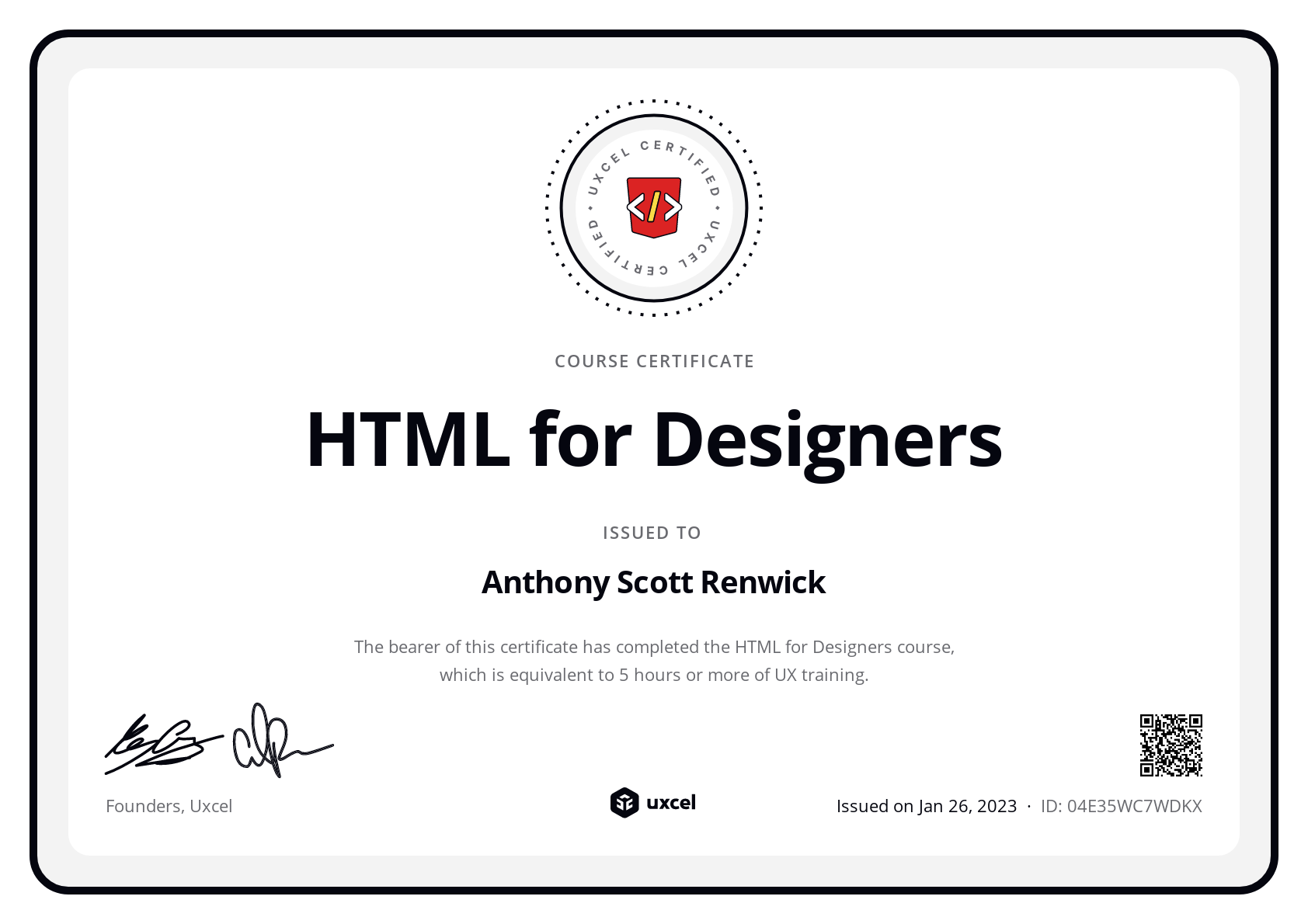 Anthony Scott Renwick's certificate